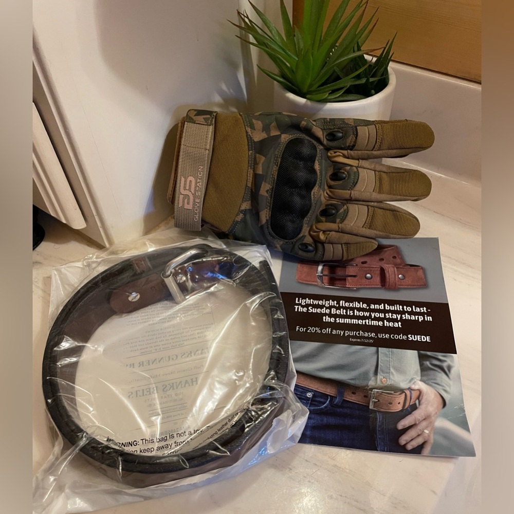 Bundle New Leather Tactical Belt and Combat Hard Knuckle Gloves
